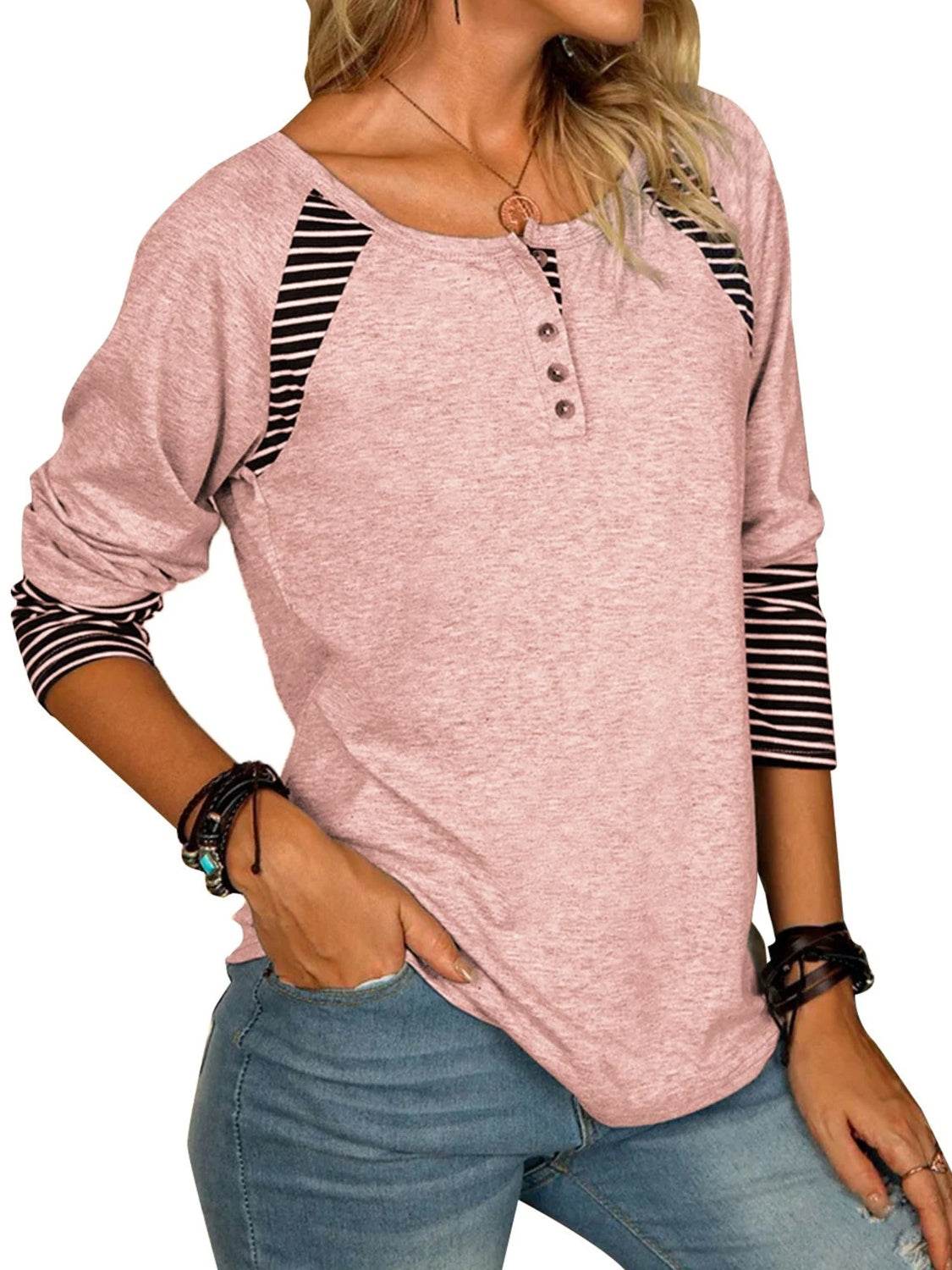 Full Size Striped Quarter Button Long Sleeve T-Shirt for a perfect OOTD – dress to impress outfits from Amexza