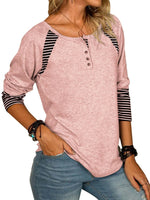 Full Size Striped Quarter Button Long Sleeve T-Shirt - Amexza