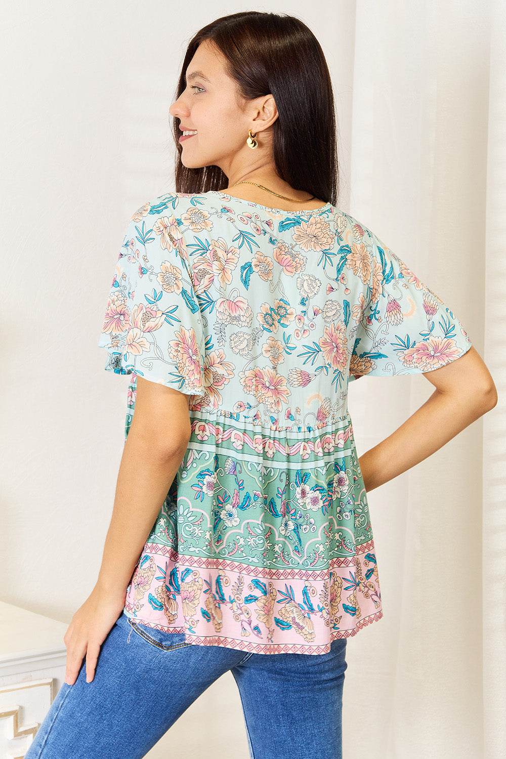 Perfee Floral Tie Neck Short Sleeve Blouse - Amexza