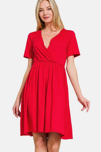 Zenana Surplice Short Sleeve Brushed DTY Dress Red for a perfect OOTD – dress to impress outfits from Amexza