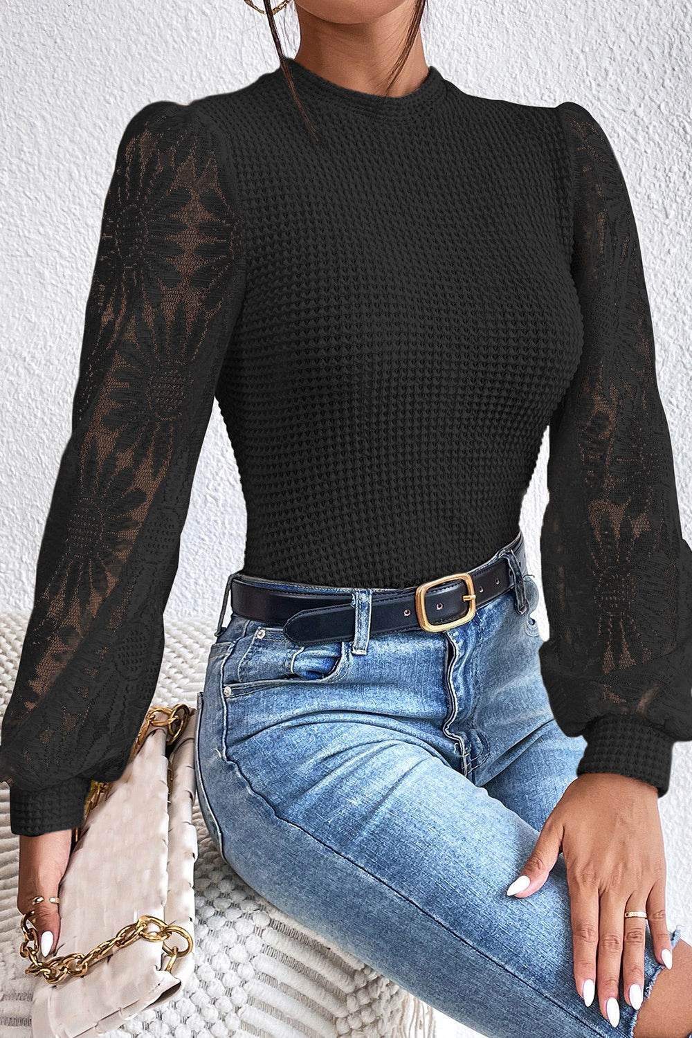 Floral Lace Detail Lantern Sleeve Blouse for a perfect OOTD – dress to impress outfits from Amexza