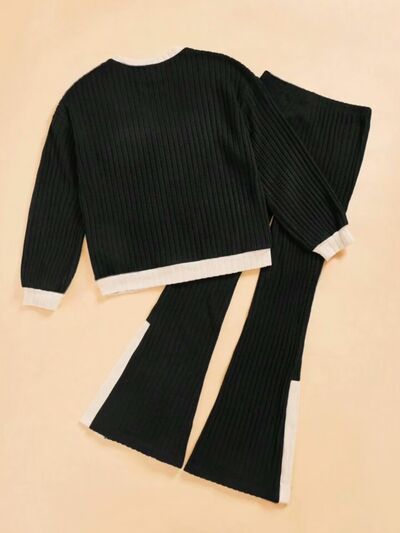 Contrast Round Neck Long Sleeve Top and Bootcut Pants Set for a perfect OOTD – dress to impress outfits from Amexza