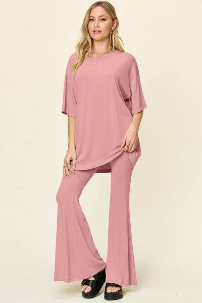 Double Take Full Size Round Neck Drop Shoulder T-Shirt and Flare Pants Set Dusty Pink for a perfect OOTD – dress to impress outfits from Amexza