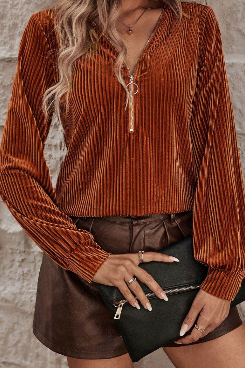 Half Zip Long Sleeve T-Shirt Caramel for a perfect OOTD – dress to impress outfits from Amexza