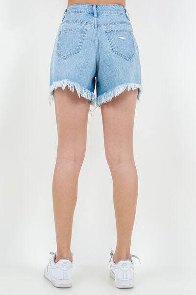 American Bazi High Waist Fringed Hem Denim Shorts - Amexza