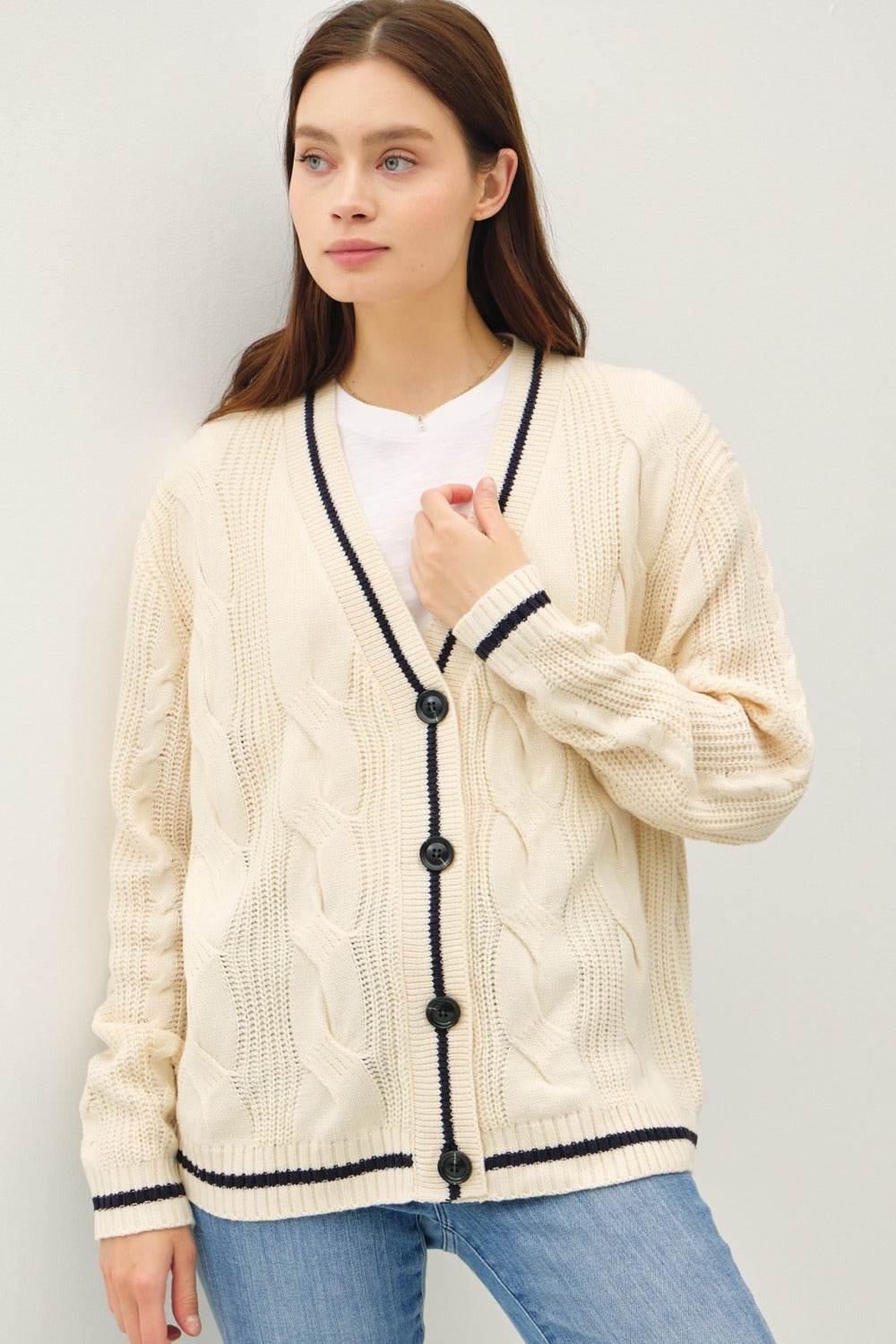 Be Cool Contrast Trim Cable-Knit V-Neck Cardigan Natural for a perfect OOTD – dress to impress outfits from Amexza