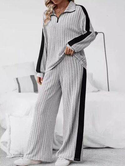 Plus Size Half Zip Long Sleeve Top and Pants Set for a perfect OOTD – dress to impress outfits from Amexza