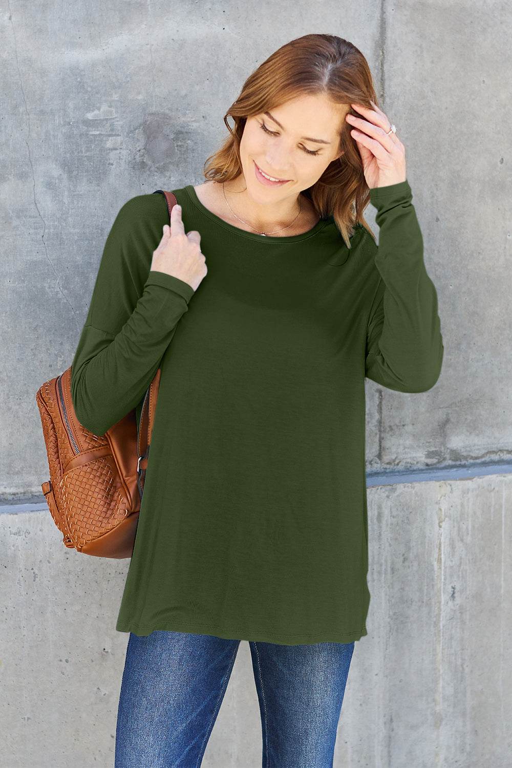 Basic Bae Full Size Round Neck Dropped Shoulder T-Shirt Army Green for a perfect OOTD – dress to impress outfits from Amexza