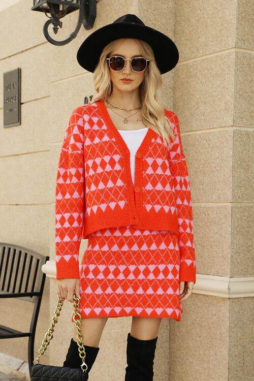 Geometric Button Front Cardigan and Skirt Set Red for a perfect OOTD – dress to impress outfits from Amexza