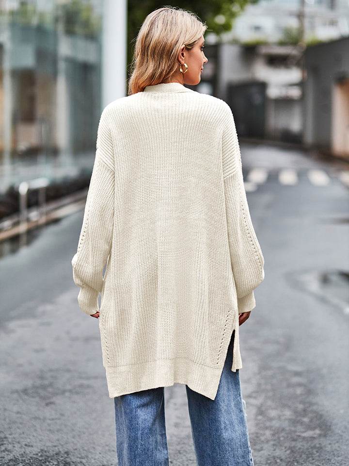 Long Sleeve Waffle-Knit Cardigan - Amexza