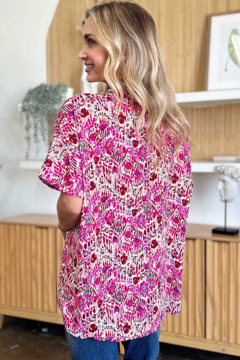 Double Take Full Size Printed V-Neck Short Sleeve Blouse for a perfect OOTD – dress to impress outfits from Amexza