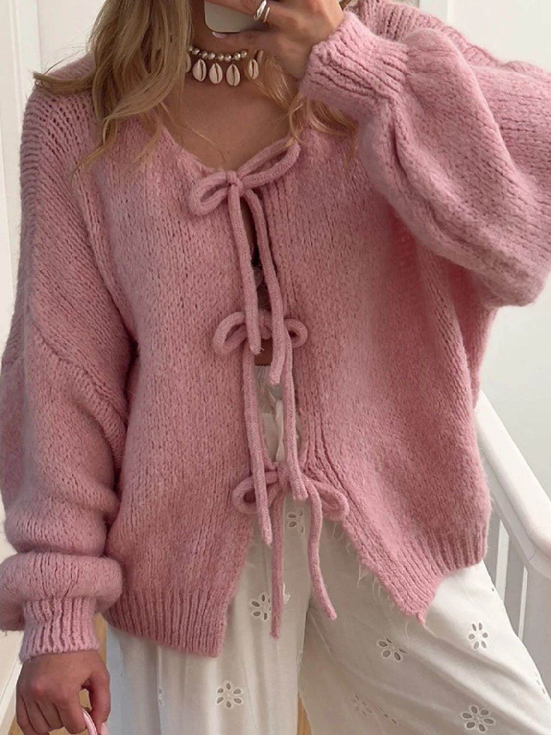 Tied Long Sleeve Dropped Shoulder Cardigan - Amexza