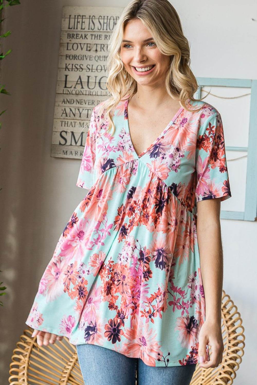 Heimish Full Size Floral V-Neck Short Sleeve Babydoll Blouse for a perfect OOTD – dress to impress outfits from Amexza