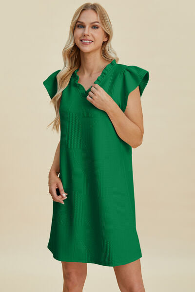 Double Take Full Size Ruffled V-Neck Cap Sleeve Dress Dark Green for a perfect OOTD – dress to impress outfits from Amexza