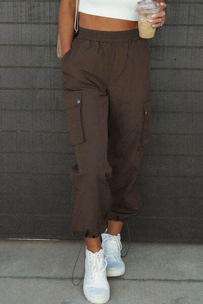 Drawstring Elastic Waist Pants with Pockets Mocha for a perfect OOTD – dress to impress outfits from Amexza