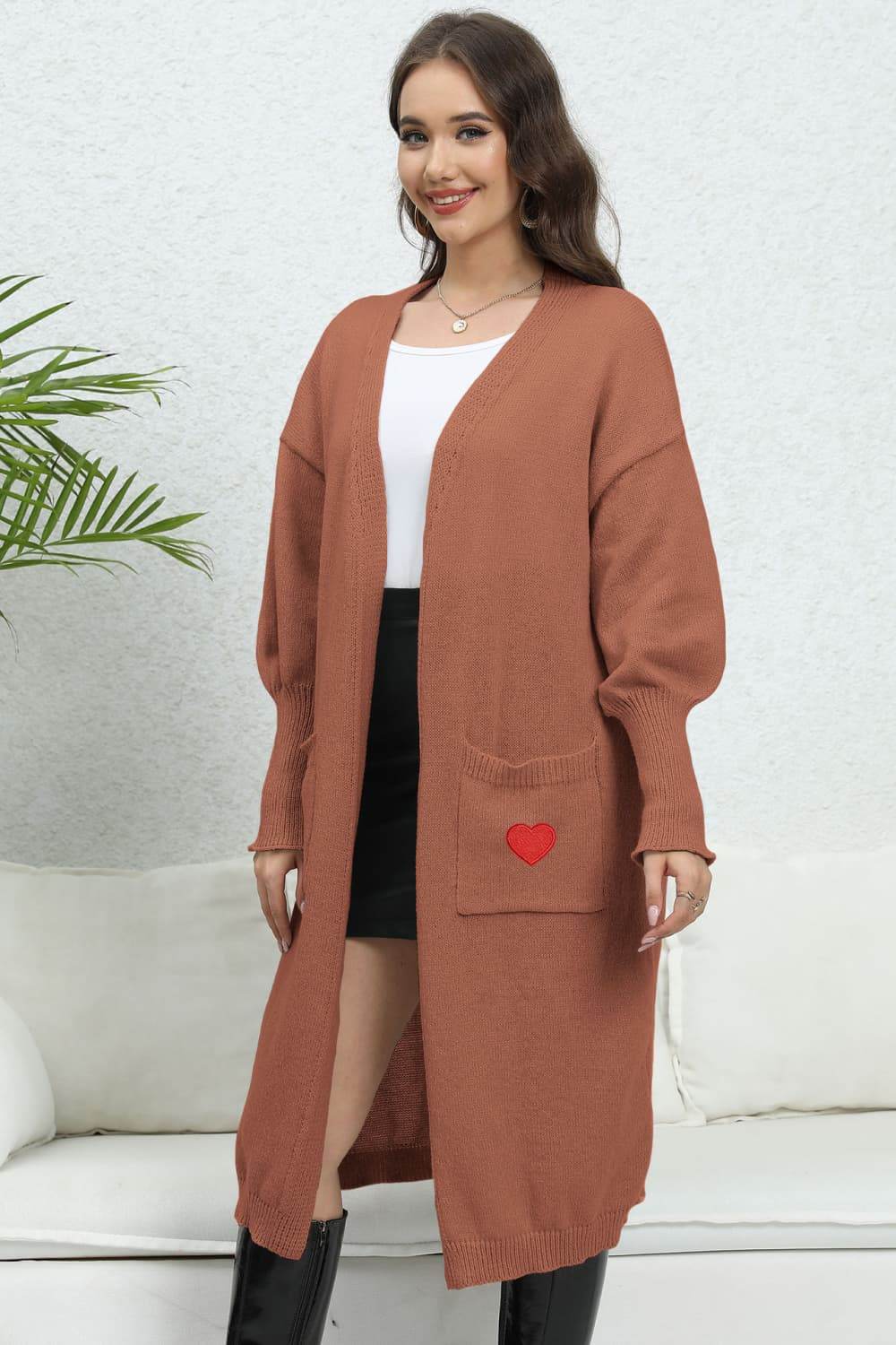 Lantern Sleeve Open Front Pocketed Cardigan for a perfect OOTD – dress to impress outfits from Amexza