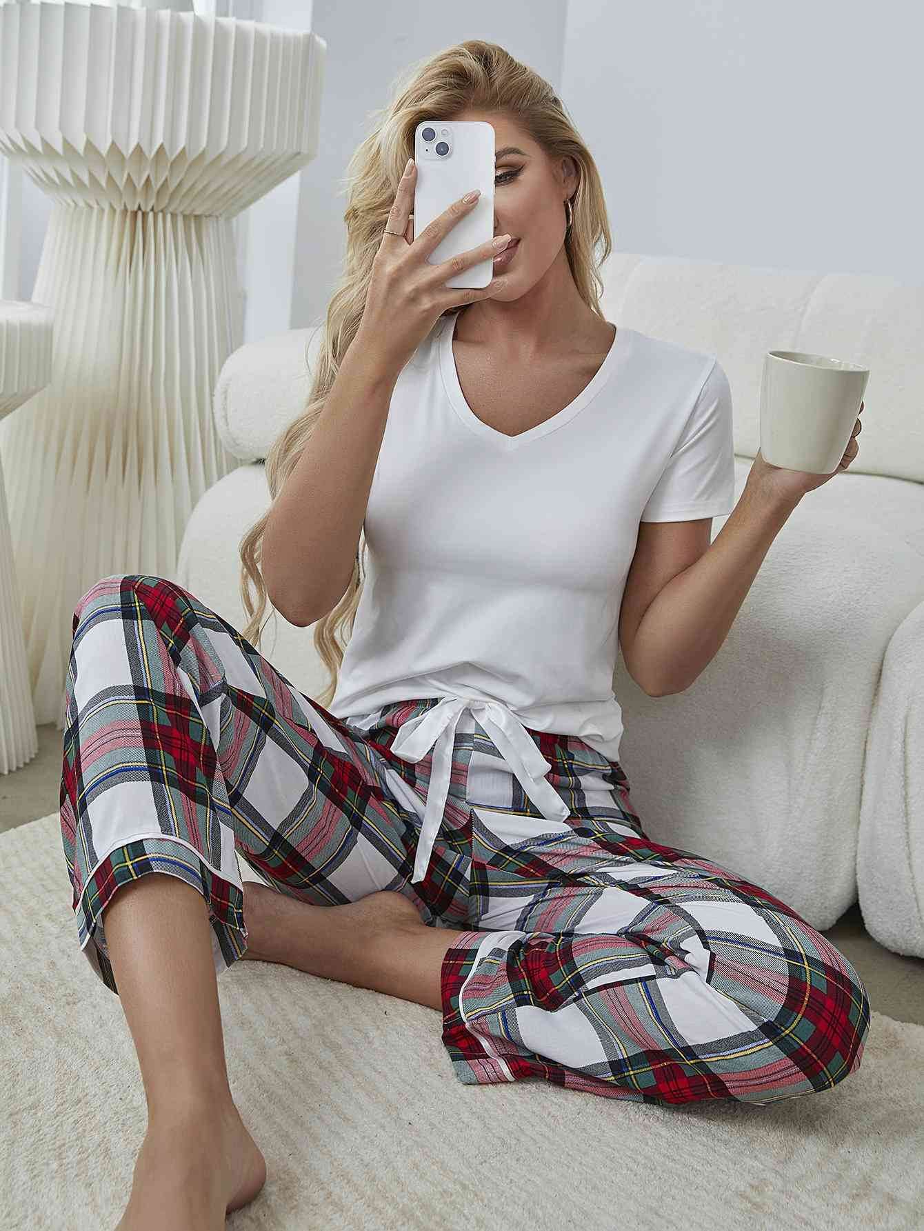 V-Neck Tee and Plaid Pants Lounge Set for a perfect OOTD – dress to impress outfits from Amexza