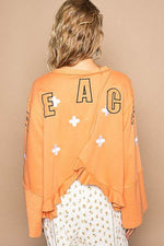 POL Peace Embroidered Exposed Seam Back Ruffle V-Neck Top - Amexza