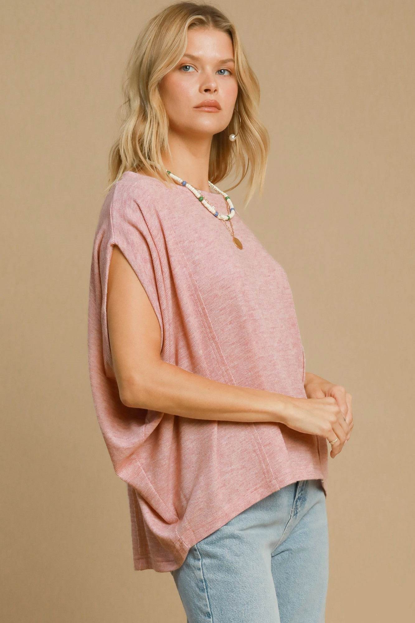 Umgee Exposed Seam Round Neck Batwing Sleeve Knit Top for a perfect OOTD – dress to impress outfits from Amexza