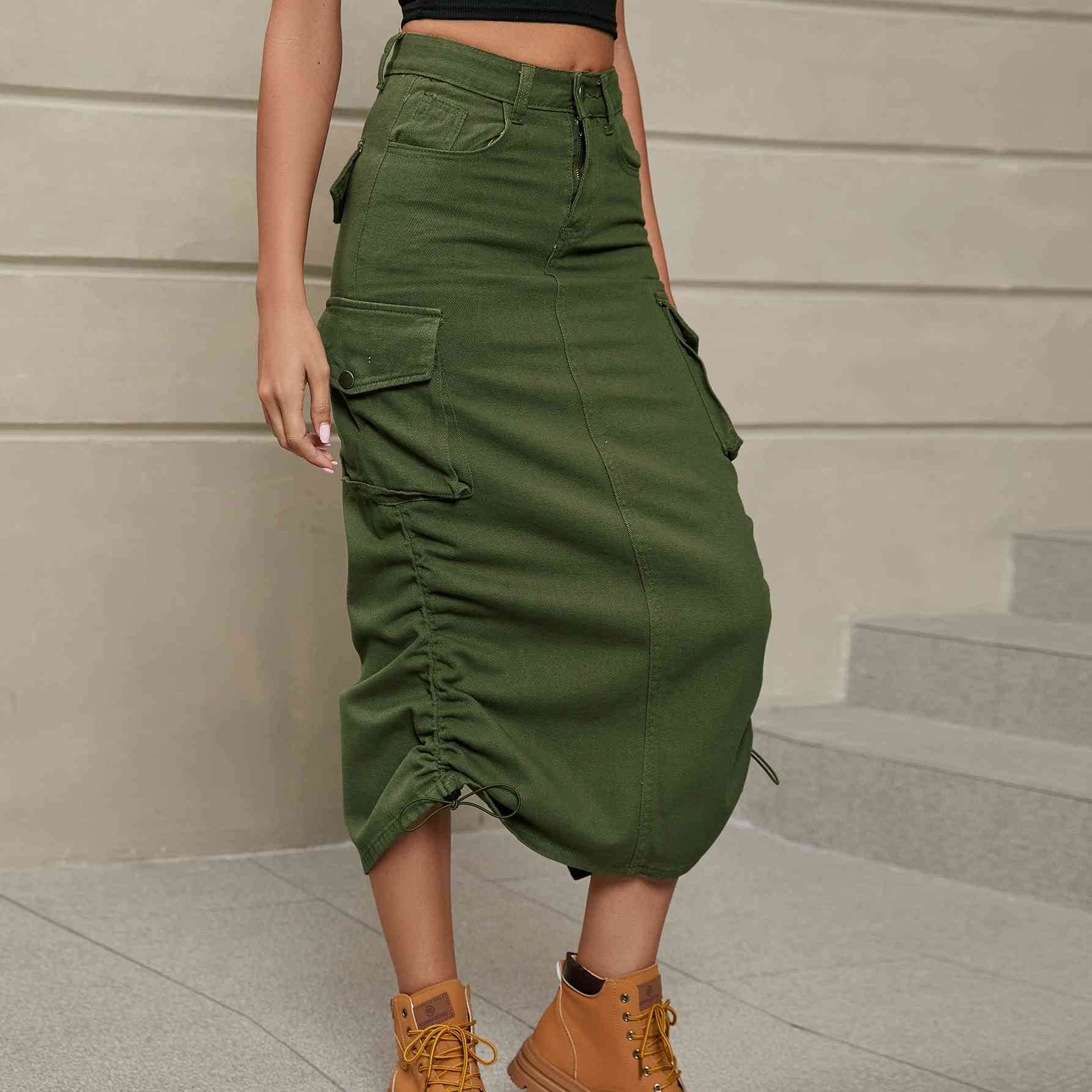 Drawstring Ruched Slit Denim Midi Skirt Army Green for a perfect OOTD – dress to impress outfits from Amexza