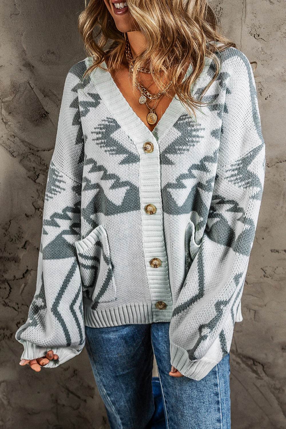 Printed Button Up V-Neck Long Sleeve Cardigan - Amexza