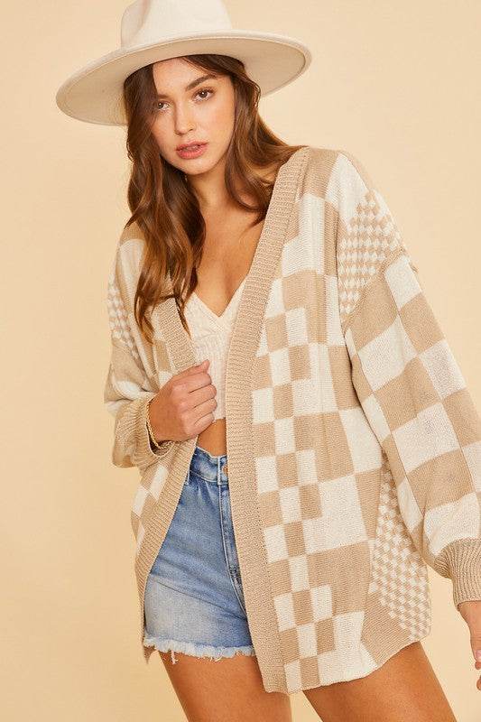 Annie Wear Checkered Open Front Drop Shoulder Cardigan for a perfect OOTD – dress to impress outfits from Amexza