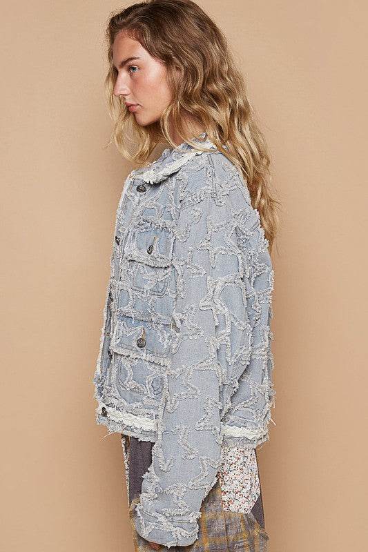 POL Star Textured Raw Hem Long Sleeve Denim Jacket for a perfect OOTD – dress to impress outfits from Amexza