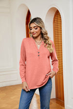 Buttoned Notched Neck Long Sleeve Top for a perfect OOTD – dress to impress outfits from Amexza