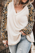 Plus Size Leopard V-Neck Raglan Sleeve Blouse - Amexza