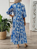 Printed Notched Half Sleeve Maxi Dress - Amexza