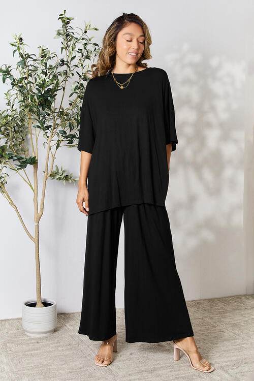 Double Take Full Size Round Neck Slit Top and Pants Set Black for a perfect OOTD – dress to impress outfits from Amexza