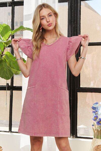 ADORA Mineral Washed V-Neck Ruffled Cap Sleeve Dress Mauve for a perfect OOTD – dress to impress outfits from Amexza