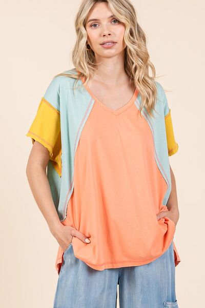 Mittoshop Color Block V-Neck Short Sleeve T-Shirt Coral Combo for a perfect OOTD – dress to impress outfits from Amexza