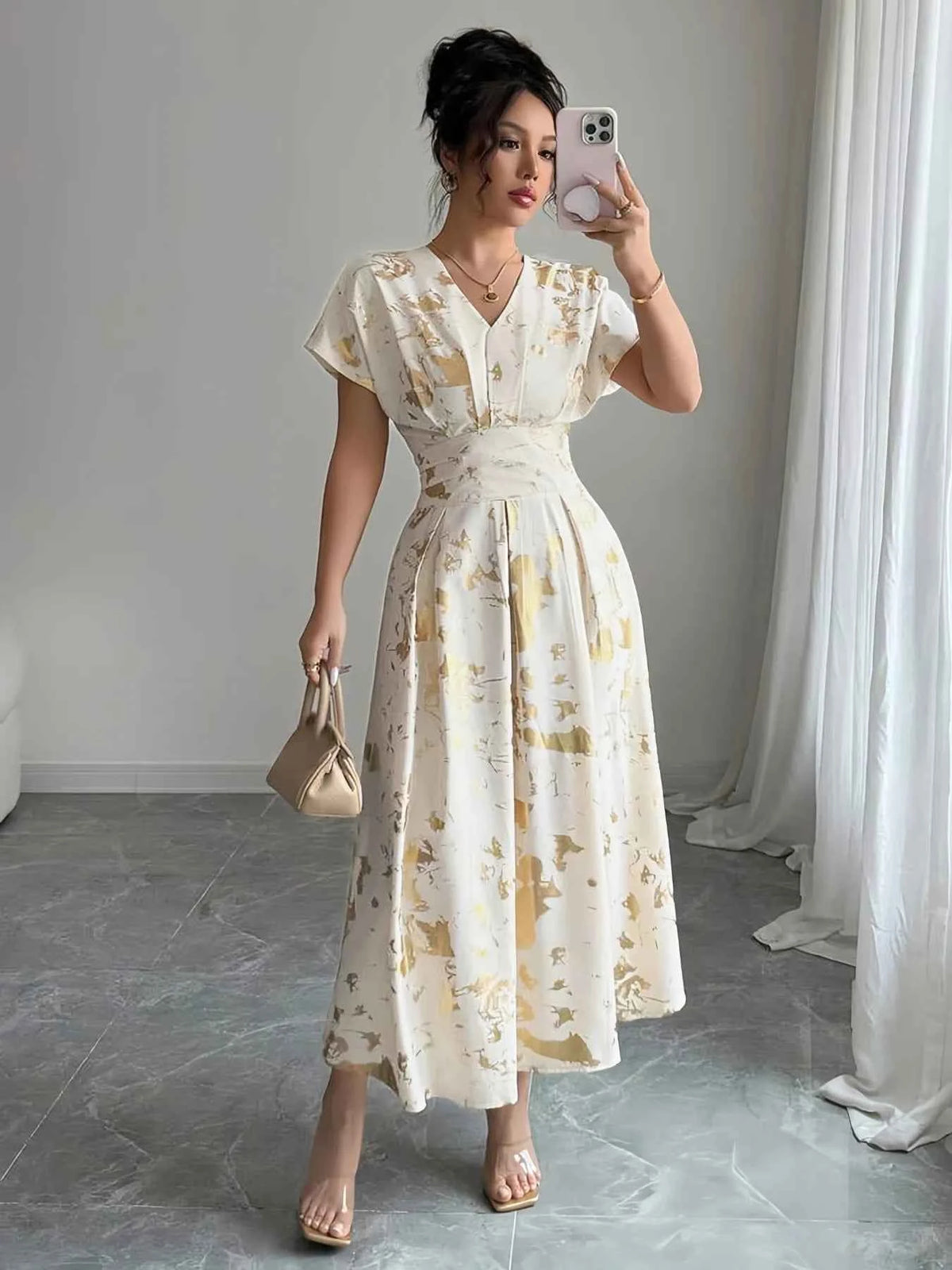 Printed V-Neck Short Sleeve Dress