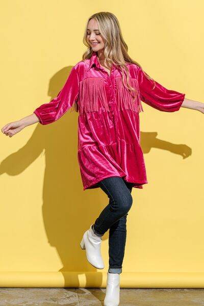 And The Why Fringe Detailed Velvet Shirt Dress for a perfect OOTD – dress to impress outfits from Amexza