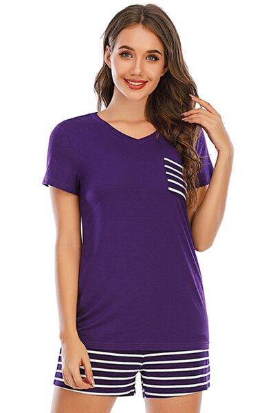 Striped Short Sleeve Top and Shorts Lounge Set Violet for a perfect OOTD – dress to impress outfits from Amexza