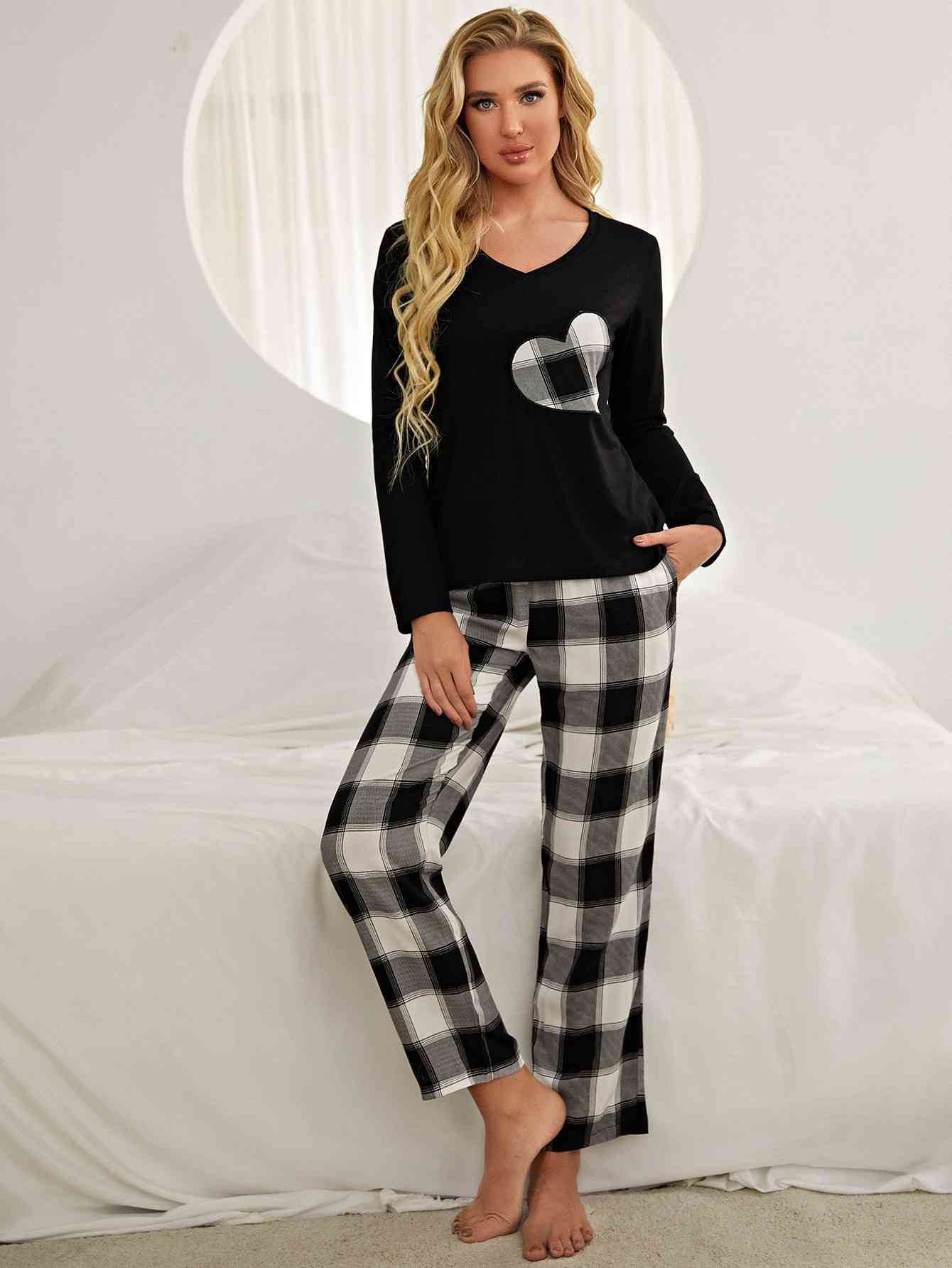 Plaid Heart Top and Pants Lounge Set Black White for a perfect OOTD – dress to impress outfits from Amexza