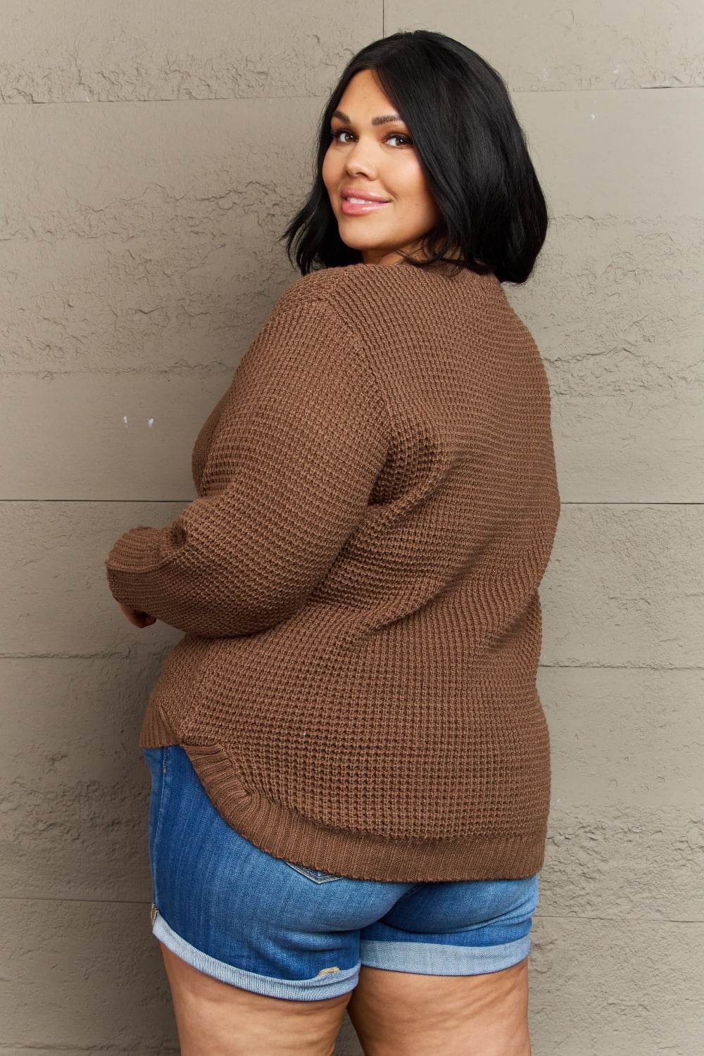 Zenana Breezy Days Plus Size High Low Waffle Knit Sweater for a perfect OOTD – dress to impress outfits from Amexza