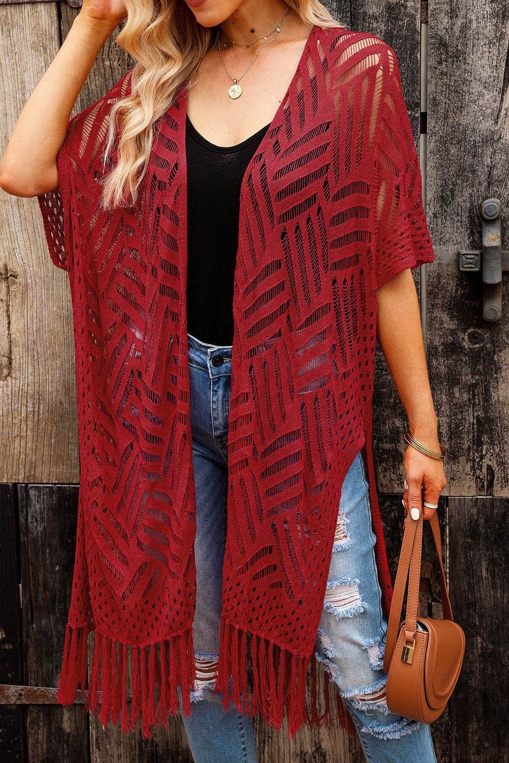 Openwork Open Front Cardigan with Fringes Rust One Size for a perfect OOTD – dress to impress outfits from Amexza