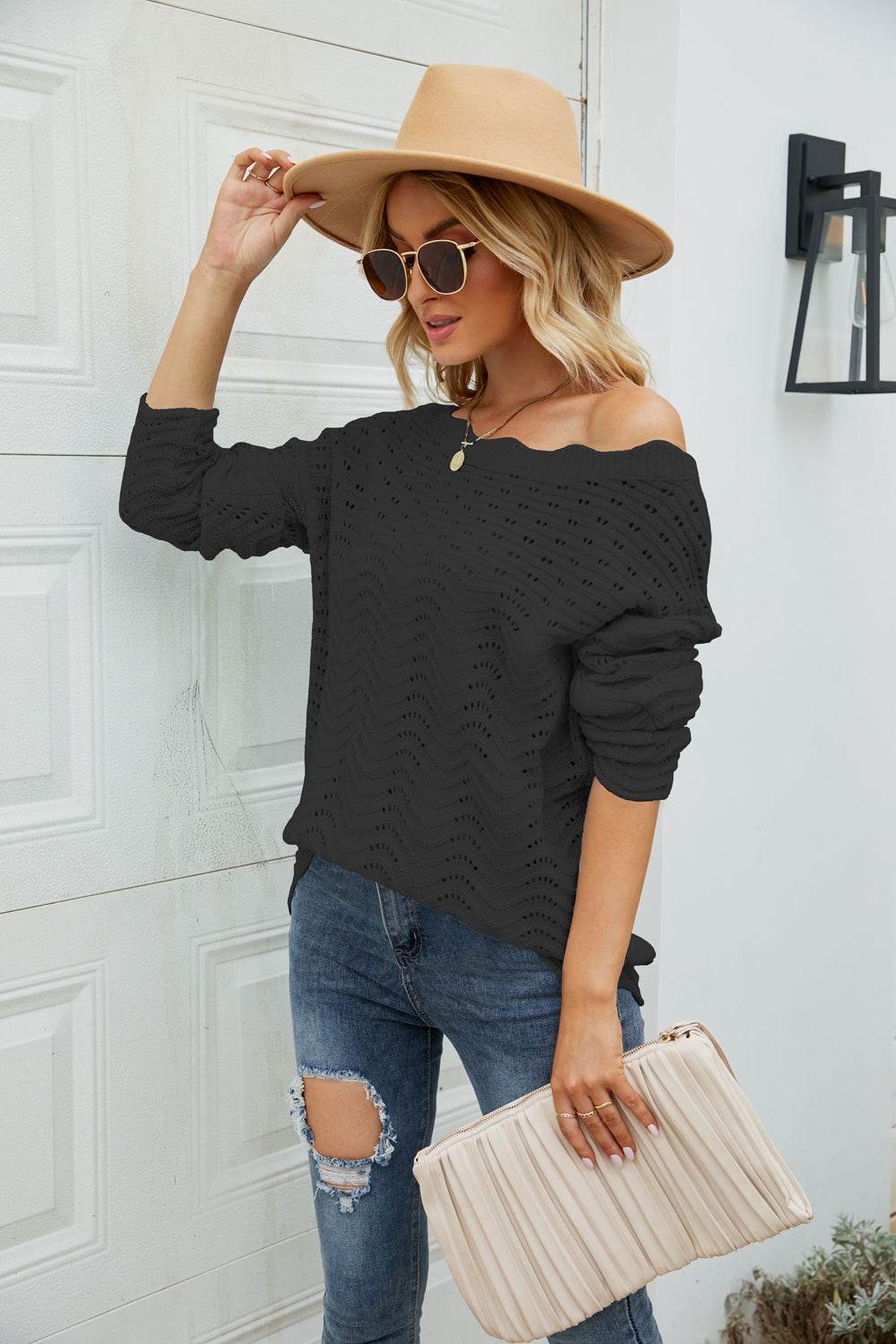 Woven Right Scalloped Boat Neck Openwork Tunic Sweater for a perfect OOTD – dress to impress outfits from Amexza