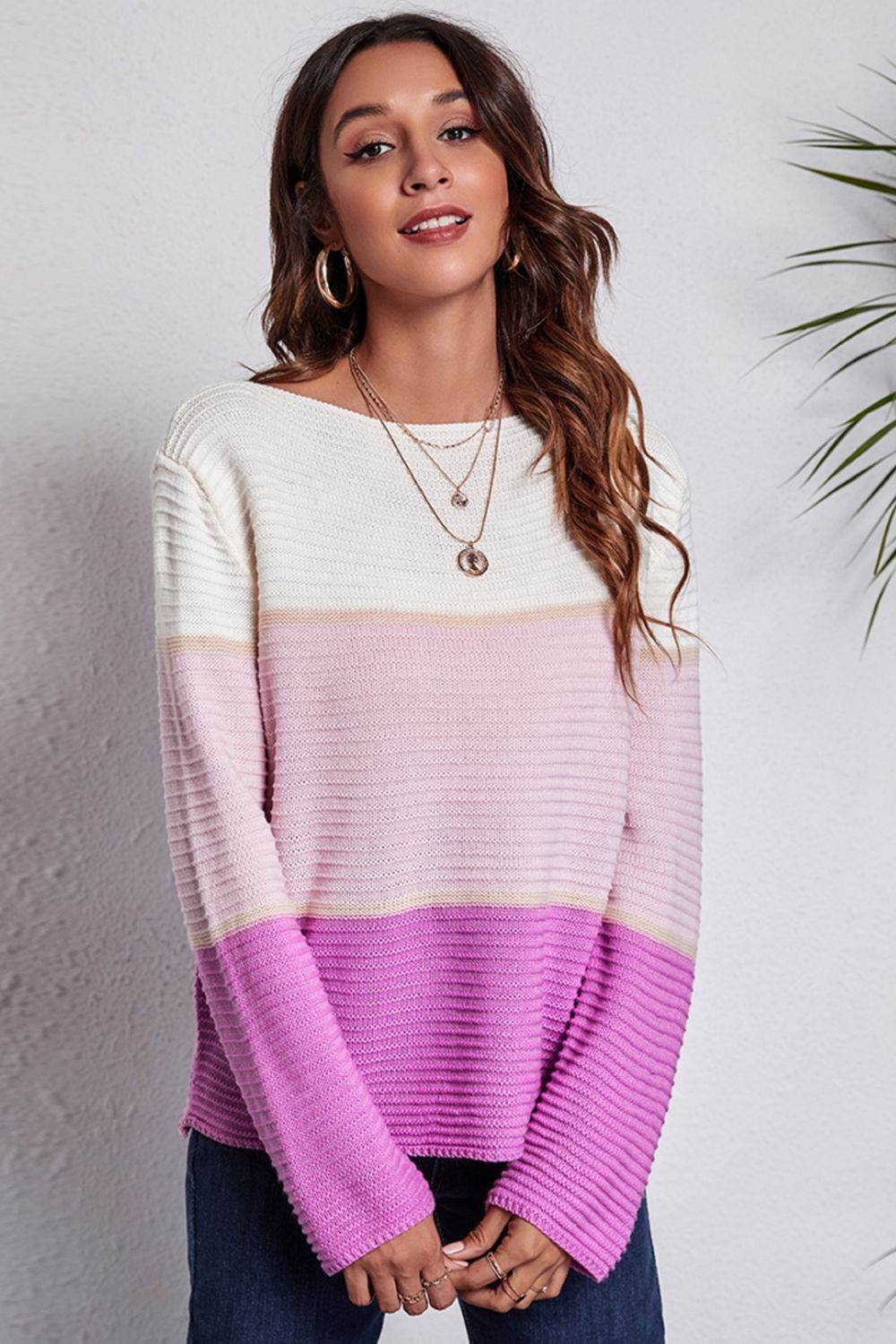 Color Block Horizontal Ribbing Sweater for a perfect OOTD – dress to impress outfits from Amexza