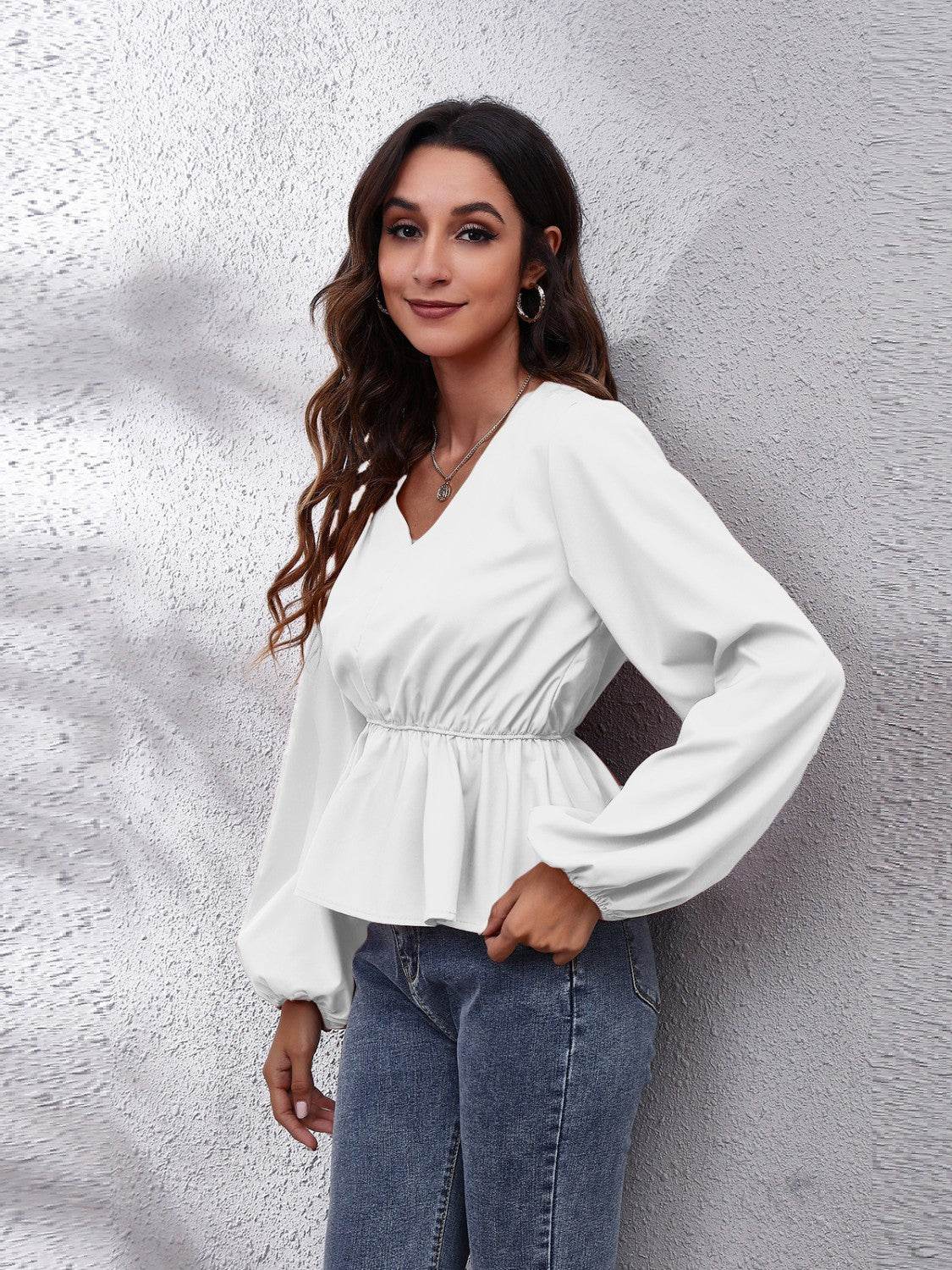 V-Neck Balloon Sleeve Peplum Blouse for a perfect OOTD – dress to impress outfits from Amexza