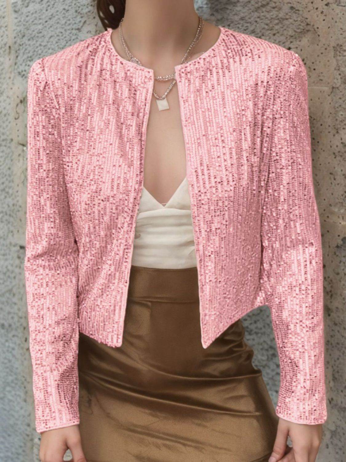 Full Size Sequin Open Front Cropped Jacket for a perfect OOTD – dress to impress outfits from Amexza