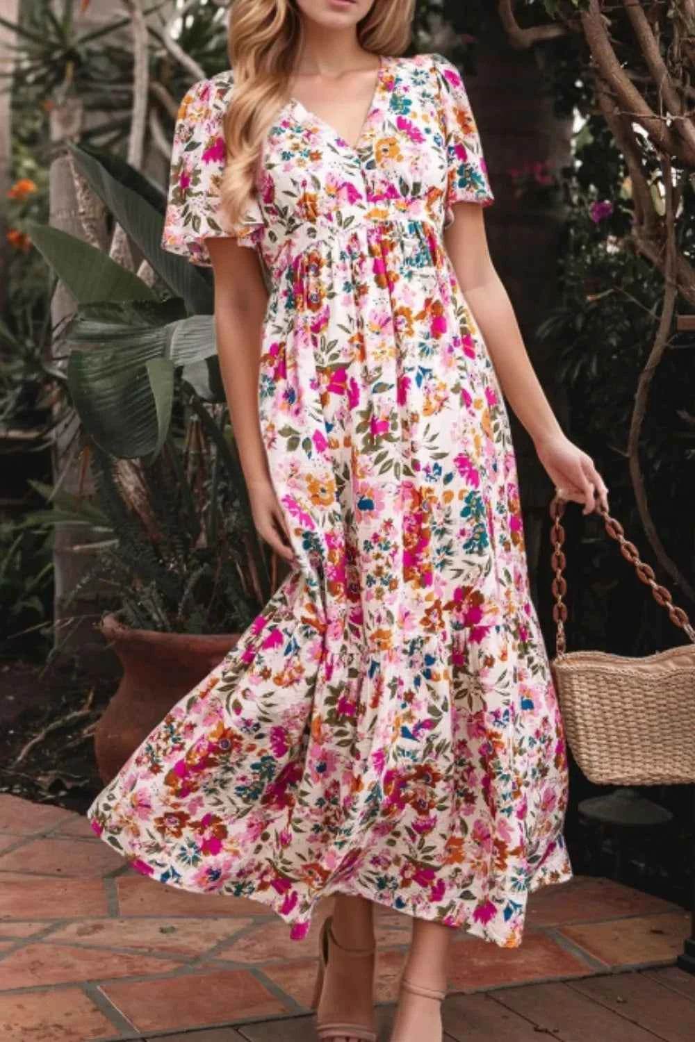 Floral Short Sleeve V Neck Dress with Pockets for a perfect OOTD – dress to impress outfits from Amexza