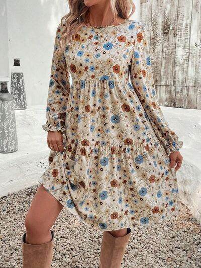 Tiered Floral Round Neck Long Sleeve Dress for a perfect OOTD – dress to impress outfits from Amexza