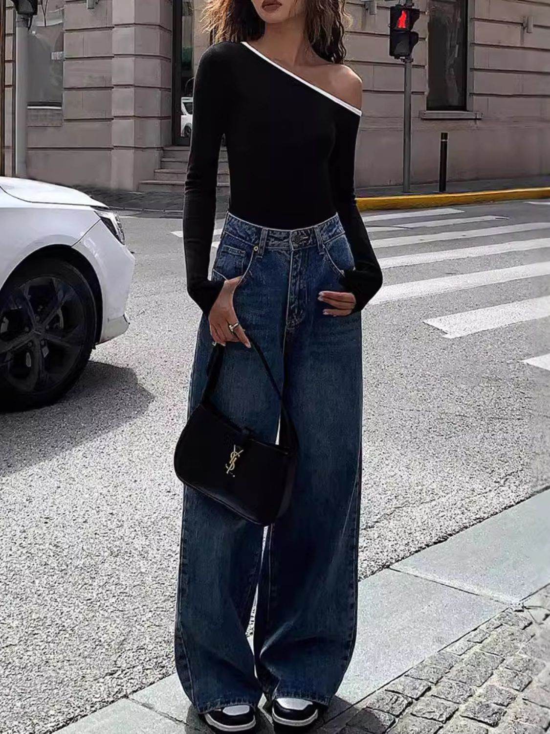 Contrast Trim One Shoulder Long Sleeve T-Shirt - Amexza