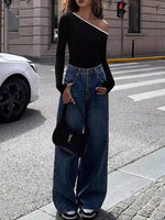 Contrast Trim One Shoulder Long Sleeve T-Shirt - Amexza