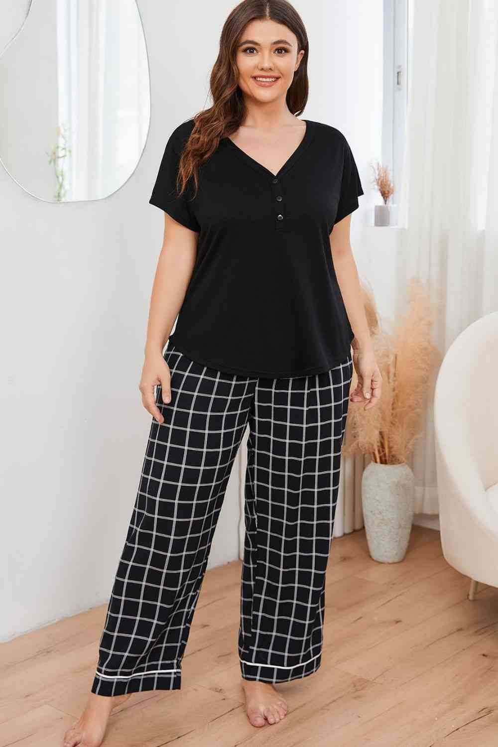 Plus Size V-Neck Top and Plaid Pants Lounge Set for a perfect OOTD – dress to impress outfits from Amexza