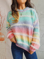 Striped Round Neck Long Sleeve Sweater Multicolor One Size for a perfect OOTD – dress to impress outfits from Amexza