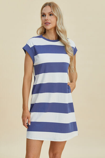 Basic Bae Full Size Striped Round Neck Cap Sleeve Mini Dress for a perfect OOTD – dress to impress outfits from Amexza